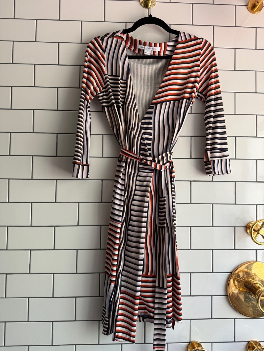 Diane Von Furstenberg Multi-Striped Wrap Midi Dress in Navy, White & Orange - Picture 6 of 9
